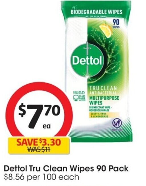 Dettol Tru Clean Wipes 90 Pack offer at Coles