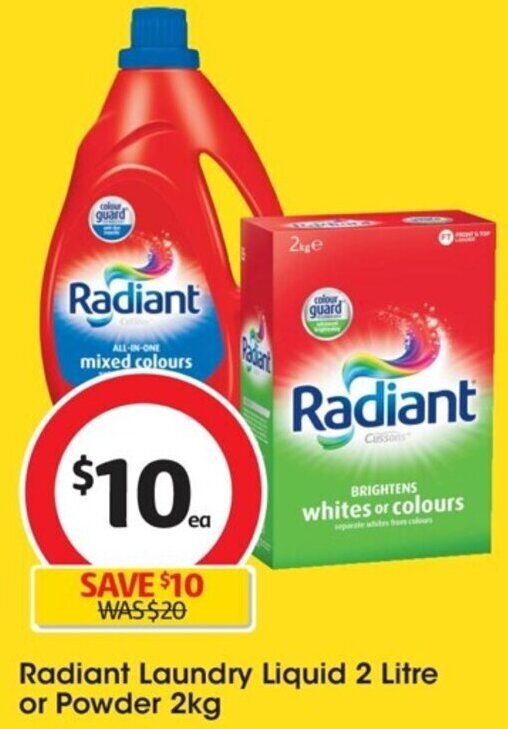 Radiant laundry Liquid 2 Litre or Powder 2kg offer at Coles