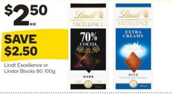 Woolworths Lindt Excellence or Lindor Blocks 80 100g offer