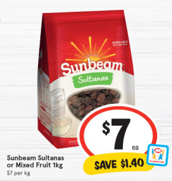 Sunbeam Sultanas or Mixed Fruit 1kg offer at IGA