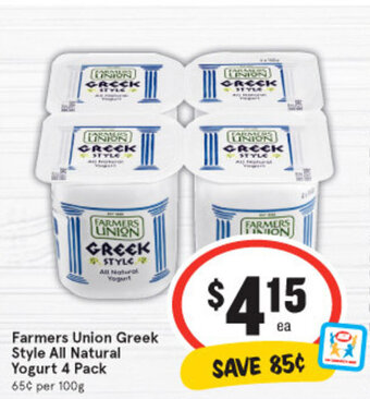 IGA Farmers Union Greek Style All Natural Yoghurt 4 Pack offer