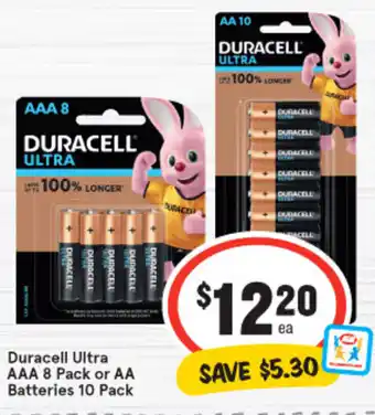 IGA Duracell Ultra AAA 8 Pack or AA Batteries 10 Pack offer