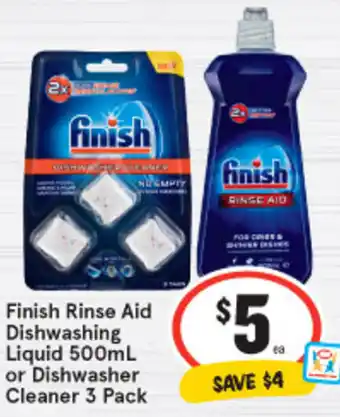 IGA FInish Rinse Aid Dishwashing Liquid 500ml or Dishwasher Cleaner 3 Pack offer
