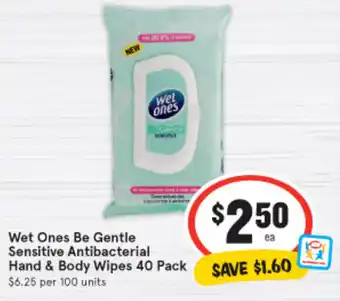 IGA Wet Ones Be Gentle Sensitive Antibacterial Hand & Body Wipes 40 Pack offer