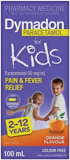 Pharmacy Best Buys Dymadon paracetamol for kids 2-12 years orange flavour 100ml offer