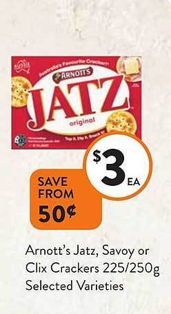 Foodworks Arnott's jatz, savoy or clix crackers offer