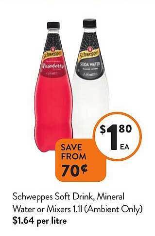 Foodworks Schweppes soft drink, mineral water or mixers offer
