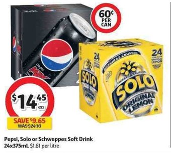 Pepsi, Solo or Schweppes Soft Drink 24x375ml
