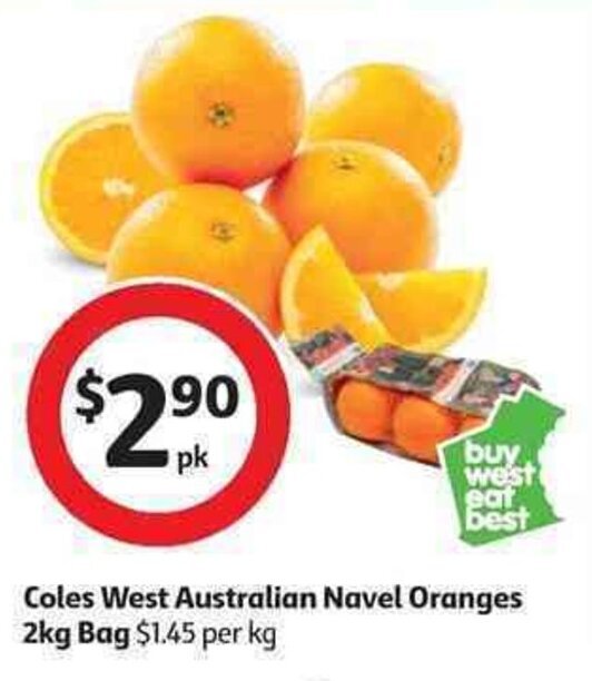 Coles West Australian Navel Oranges 2kg Bag offer at Coles
