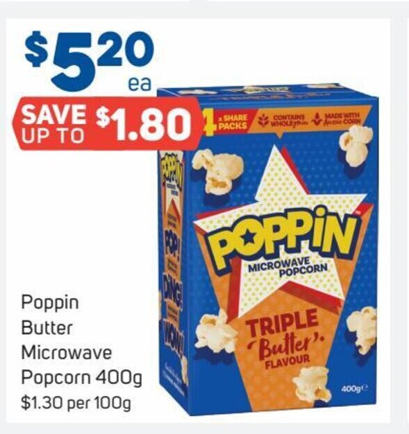 Poppin Butter Microwave Popcorn 400g offer at Foodland