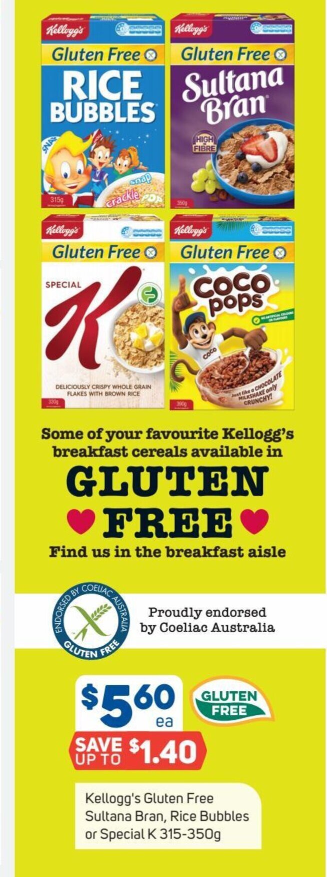 Kellogg's Gluten Free Sultana Bran, Rice Bubbles offer at Foodland
