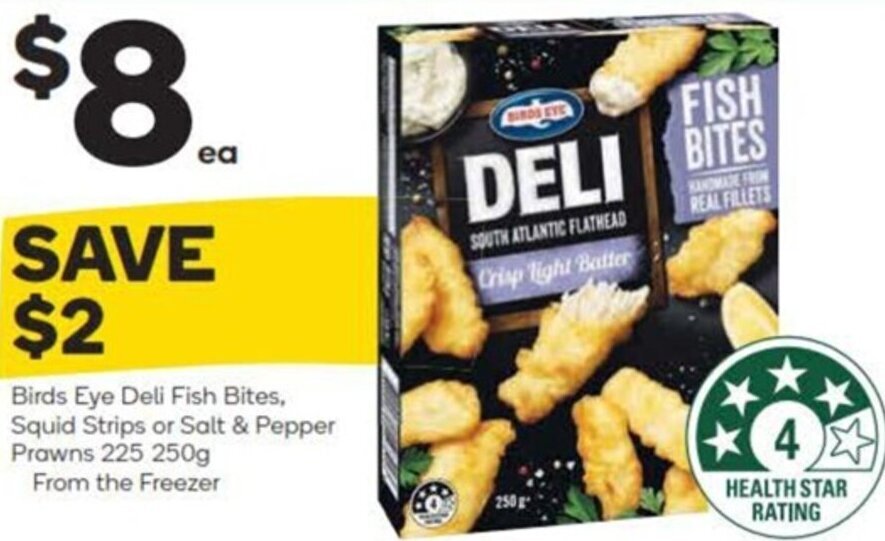 Birds Eye Deli Fish Bites, Squid Strips or Salt & Pepper Prawns 225