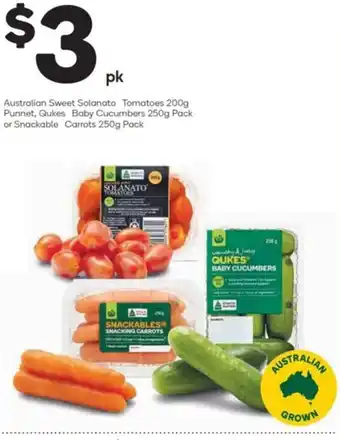 Woolworths Australian Sweet Solanato Tomatoes 200g Punnet, Qukes Baby Cucumbers 250g Pack or Snackable Carrots 250g Pack offer