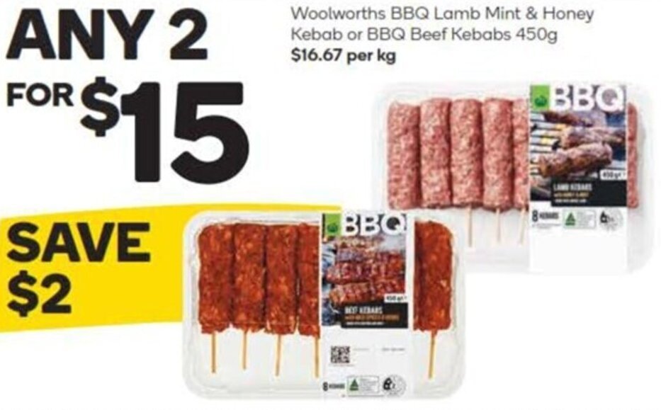 Woolworths BBQ Lamb Mint & Honey Kebab or BBQ Beef Kebabs 450g offer at