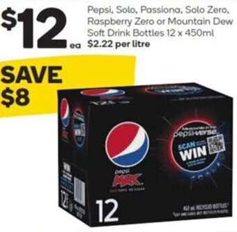 Woolworths Pepsi, Solo, Passiona, Solo Zero, Raspberry Zero or Mountain Dew Soft Drink Bottles 12 x 450ml offer