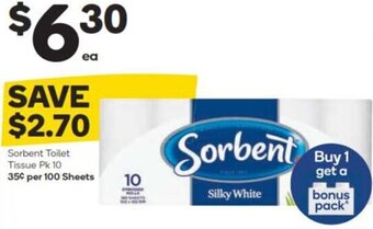 Woolworths Sorbent Toilet Tissue Pk 10 offer