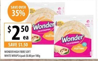 Supabarn Wonder High Fibre Soft White Wraps 6 pack offer