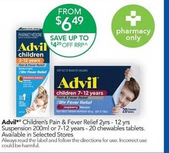 Terry White Advil children's pain & fever relief 2yrs - 12 yrs suspension 200ml or 7 - 12 years - 20 chewables tablets offer