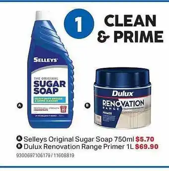 Mitre 10 Selleys original sugar soap, dulux renovation range primer offer