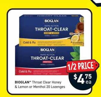 Chemist King Bioglan throat clear honey & lemon or menthol 20 lozenges offer