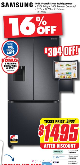 The Good Guys 495L French Door Refrigerator offer