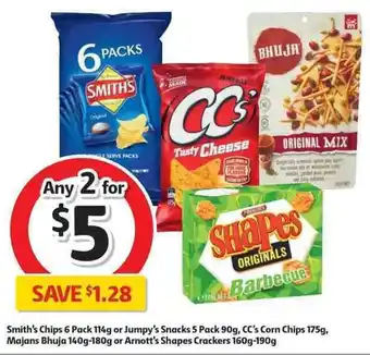 Coles Smith's Chips 6 Pack 114g or Jumpy's Snacks 5 Packs 90g, CC's Corn Chips 175g, Majans Bhuja 140g-180g or Arnott's Shapes Crac offer