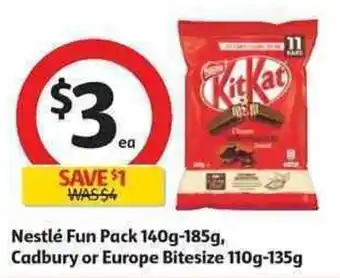 Coles Nestlé Fun Pack 140g-185g, Cadbury or Europe Bitesize 110g-135g offer