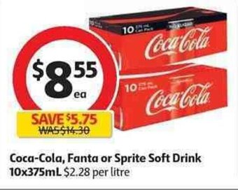 Coles Coca-Cola, Fanta or Sprite Soft Drink 10x375ml offer