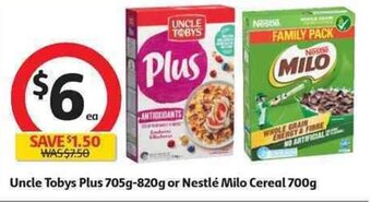 Coles Uncle Tobys Plus 705g-820g or Nestlé Milo Cereal 700g offer