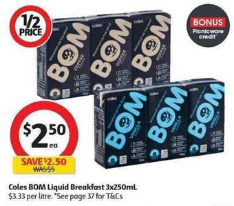 Coles Coles BOM Liquid Breakfast 3x250ml offer