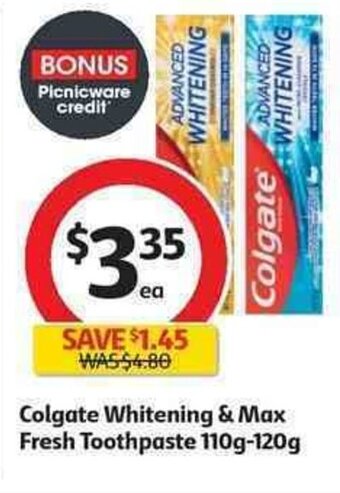 Coles Colgate Whitening & Max Fresh Toothpaste 110g-120g offer