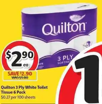 Coles Quilton 3 Ply White Toilet Tissue 6 Pack offer