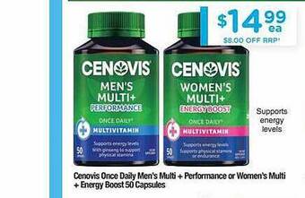 Chemist Warehouse Cenovis once daily men's multi + performance or women's multi + energy boost 50 capsules offer