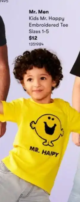 BIG W Mr. Men Kids Mr. Happy Embroidered Tee 1-5 offer