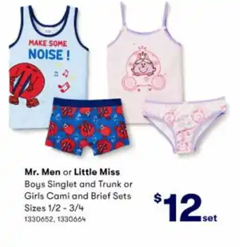 BIG W Mr. Men or Little Miss Boys Singlet and Trunk or Girls Cami and Brief Sets 1/2-3/4 offer