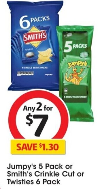 Coles Jumpy's 5 Pack or Smith's Crinkle Cut Chips or Twisties 6 Pack offer