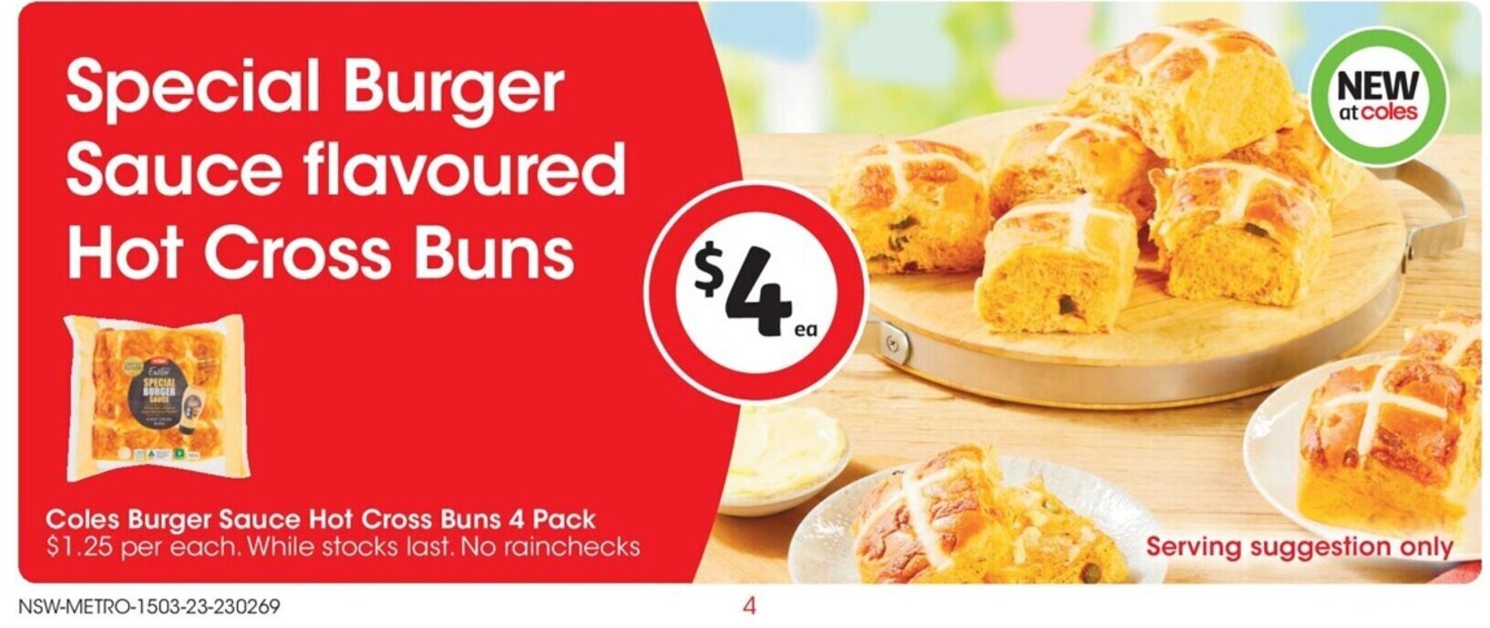 Coles Burger Sauce Hot Cross Buns 4 pack offer at Coles