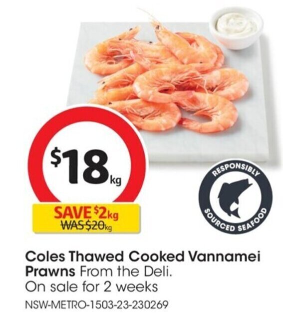 Coles Thawed Cooked Vannamei Prawns offer at Coles
