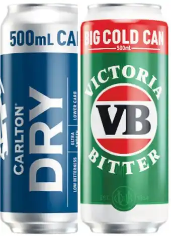 Woolworths Carlton dry or victoria bitter cans 6x500ml offer