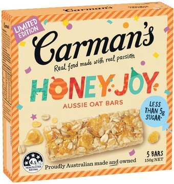 Woolworths Carman’s aussie oat bars 150-180g pk 5/6 offer