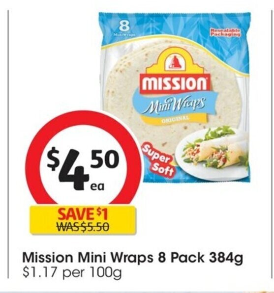 Mission Mini Wraps 8 pack 384g offer at Coles