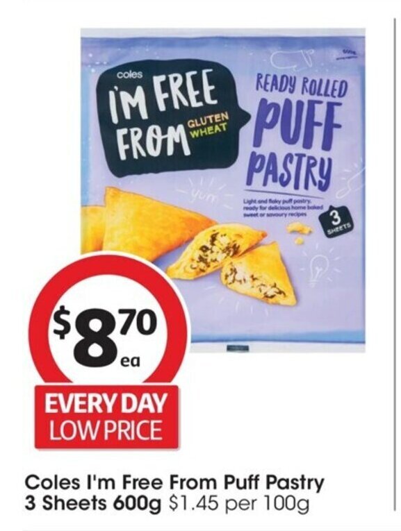 Coles I'm Free From Puff Pastry 3 Sheets 600g offer at Coles