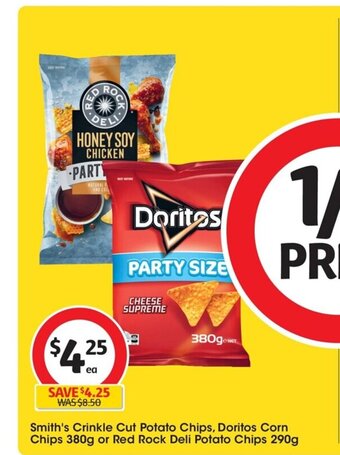 Coles Smith's Crinkle Cut Potato Chips,Doritos Corn Chips 380g or Red Rock Deli Potato Chips 290g offer