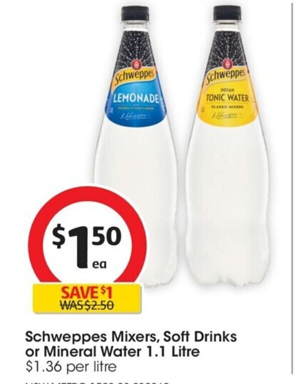 Schweppes Mixers Soft Drinks or Mineral Water 1.1 Litre offer at Coles