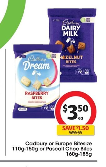 Coles Cadbury or Europe Bitesize 110g-150g or Pascual Choc. Bites 160g-185g offer