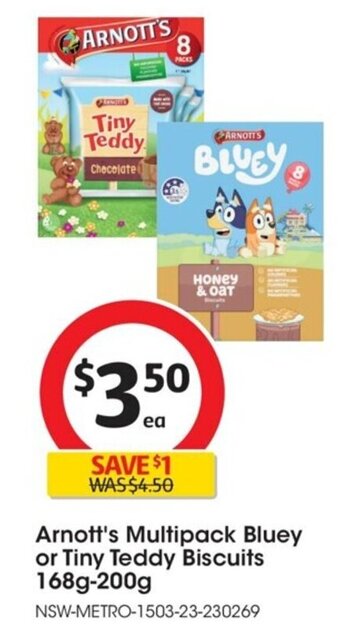 Coles Arnott's Multipack Bluey or Tiny Teddy Biscuits 168g-200g offer