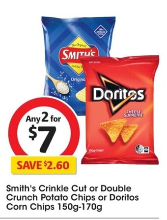 Coles Smith's Crinkle Cut or Double Crunch Potato Chips or Doritos Corn Chips 150g-170g offer