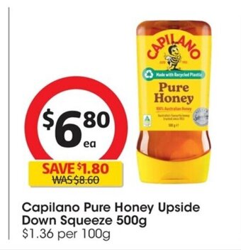 Coles Capilano Pure Honey Upside Down Squeeze 500g. offer