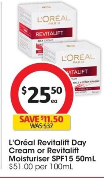 Coles L'Oréal Revitalift Day Cream or Revitalift Moisturiser SPF15 50ml offer