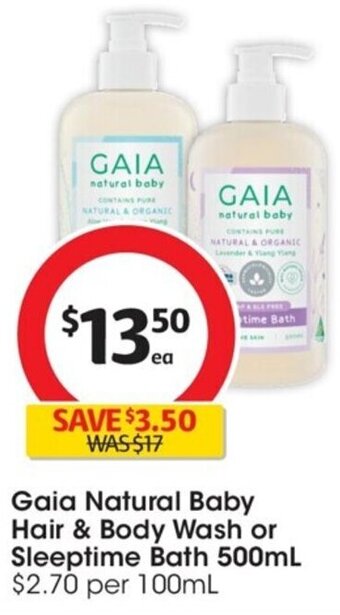 Coles Gaia Natural Baby Hair & Body Wash or Sleeptime Bath 500ml offer